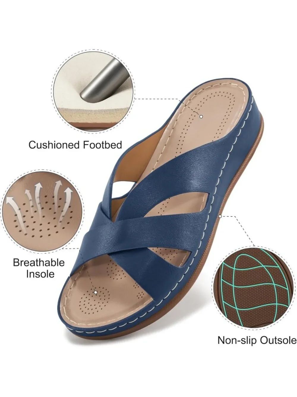 Women's Blue Faux Leather Summer Low Platform Slide Comfortable Walking Sandals
